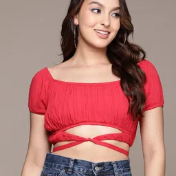 Label Ritu Kumar Puff Sleeve Smocked Georgette Crop Top-image-47