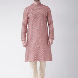 LAMAAYA Men Red & Cream-Coloured Woven Design Kurta with Churidar-picture-11