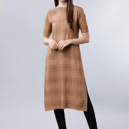 Vishudh Women Brown Checked Straight Kurta-image-24