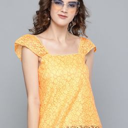 SASSAFRAS Women Yellow Floral Lace Regular Top-52