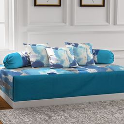 Soumya Blue & White Abstract Print Diwan Set with Bolster & Cushion Covers-image-68