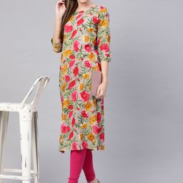 AHIKA Women Grey & Pink Floral Print Straight Kurta-image-29