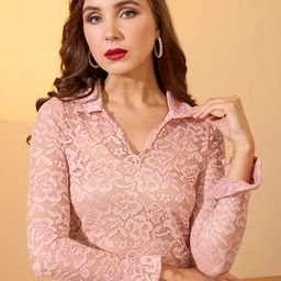 Globus Collared V-Neck Floral Lace Party Top-picture-31