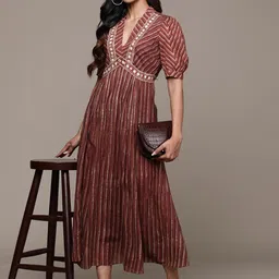 aarke Ritu Kumar Striped Puff Sleeves A-Line Midi Dress-picture-10