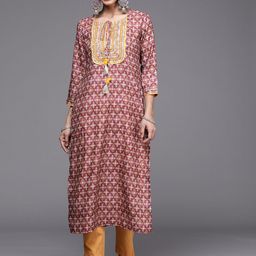 Varanga Women Burgundy & Mustard Yellow Ethnic Motifs Embroidered Gotta Patti Kurta-28