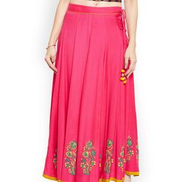 Bitterlime Women Pink Block Printed Kalidar Pink Skirt-image-16