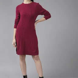 Roadster Women Maroon Cable Knit Sweater Dress-image-68