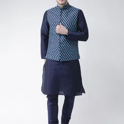 DEYANN Men Navy Blue Solid Kurta with Pyjamas & Nehru Jacket-picture-58