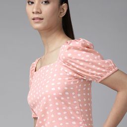 Roadster Peach-Coloured & White Pure CottonPolka Dot Print Puff Sleeve Regular Top-picture-55