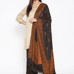 WEAVERS VILLA Women Black & Mustard Brown Woven Design Shawl-21