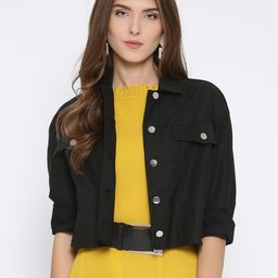 Athena Women Black Solid Cropped Denim Jacket-image-84