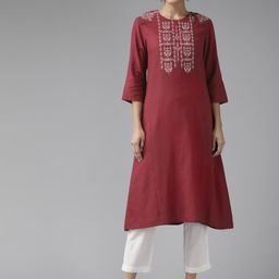 W Women Magenta & Off White Ethnic Motifs Yoke Design Keyhole Neck A-Line Kurta-image-11