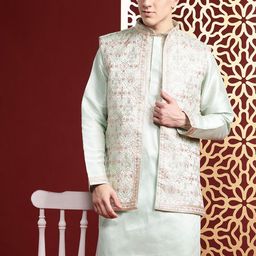 MANQ Men Embroidered Sequinned Pure Cotton Kurta with Trousers & Nehru Jacket-picture-51