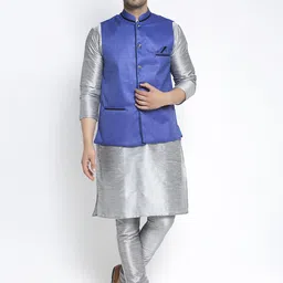 Benstoke Men Silver-Toned Solid Kurta with Churidar-picture-10