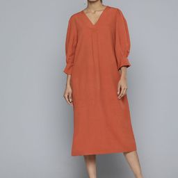 SCOUP Solid Puff Sleeve Linen A-Line Midi Dress-image-96