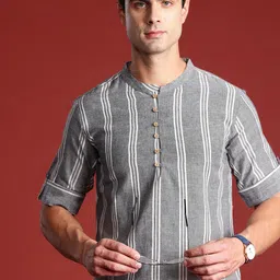 Anouk Striped Mandarin Collar Roll-Up Sleeves Him-Low Hem Pure Cotton Kurta-image-24