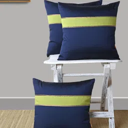 ANS Navy Blue & Lime Green Set of 3 Striped Square Cushion Covers-6