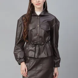 Athena Women Coffee Brown Solid Asymmetric Closure Tailored Leather Jacket-image-54