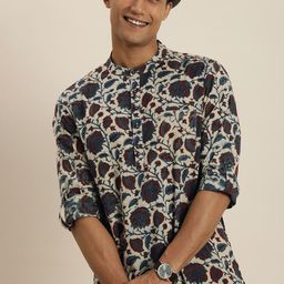 Taavi Men Off White Ajrakh Hand Block Printed Pure Cotton Kurta Set with Roll-Up Sleeves-picture-14