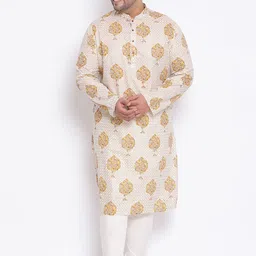 KISAH PLUS Men White & Beige Printed Straight Kurta-25