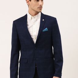 Manyavar Men Navy Blue Checked  Single Breasted Partywear Blazer with Pocket Square-image-35