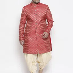 KISAH PLUS Men Coral-Pink & Beige Printed Sherwani With Dhoti Pants-image-13
