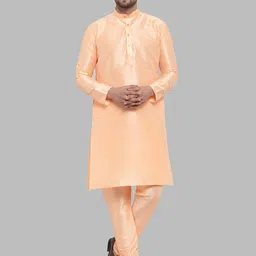 Jompers Men Peach-Coloured Solid Dupion Silk Kurta with Pyjamas-picture-7