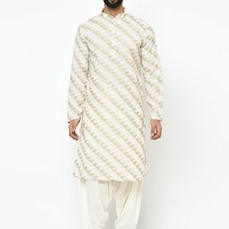 KISAH Men White & Beige Woven Design Straight Kurta-19