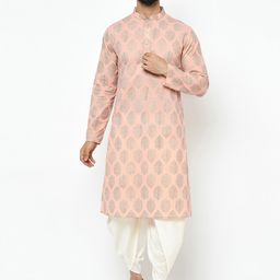KISAH Men Pink & White Woven Design A-Line Kurta-image-13