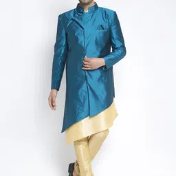 Benstoke Men Teal-Blue & Gold-Coloured Self Design Sherwani Set-image-34