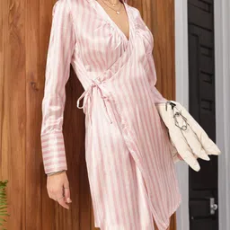 DressBerry Satin Glow-Up Striped Wrap Mini Dress-image-34