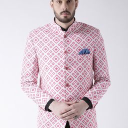 Hangup White & Pink Printed Slim Fit Bandhgala Blazer-image-78
