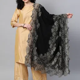 MODARTA Women Black Woven Design Lace Border Shawl-20