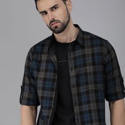 Roadster Men Grey & Blue Slim Fit Checked Casual Shirt-image-81