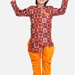 BownBee Boys Orange & Red Printed Sherwani Set-picture-0