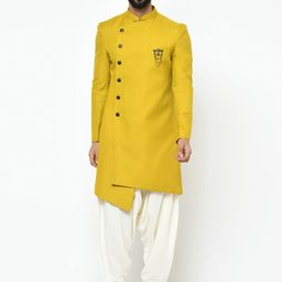 KISAH Men Mustard Yellow & White Solid Sherwani Set-41