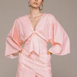 bebe Soft Romance Flared Sleeve Twisted Detail Striped Playsuit-image-88