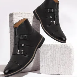 FAUSTO Men Black Striped Lightweight PU Monks-image-10