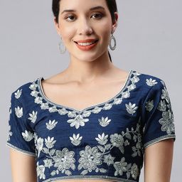 flaher Women Navy Blue & Silver Embroidered Art Silk Saree Blouse-picture-21