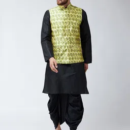 SOJANYA Men Black & Lime Green Printed Kurta with Dhoti Pants-14