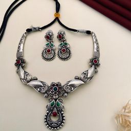 Sangria Silver-Plated Stone Studded Jewellery Set-98