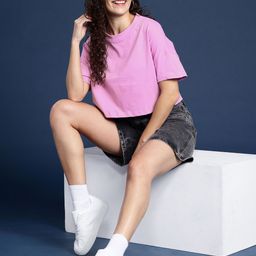 Mast & Harbour Drop-Shoulder Sleeves Oversized Bio Finish Pure Cotton Crop T-shirt-picture-12