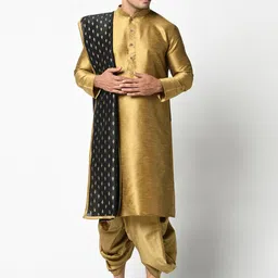DEYANN Men Brown & Black Solid Kurta with Dhoti Pants & Dupatta-image-8