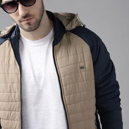 Roadster Men Beige & Navy Blue Solid Detachable Hood Padded Jacket-0