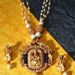 ANIKAS CREATION Black & White Gold-Plated Artificial Stones & Faux Pearl Studded Maa Laxmi Temple Jewellery Set-4