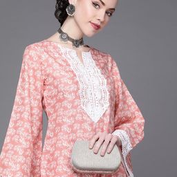 Inddus Women Pink Floral Printed Flared Sleeves Thread Work Kurta-51