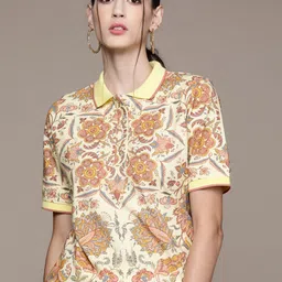 Label Ritu Kumar Women Yellow & Rust Red Floral Printed Polo Collar T-shirt-image-55