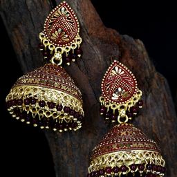 ANIKAS CREATION Gold Plated & Maroon Enamelled Dome Shaped Jhumkas-image-100