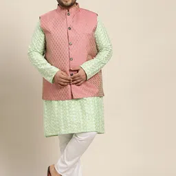 SOJANYA PLUS Men Sea Green Chikankari Embroidered Kurta with Churidar & Nehru Jacket-picture-41