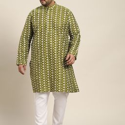 SOJANYA PLUS Men Green Chikankari Embroidered Kurta with Churidar-image-97